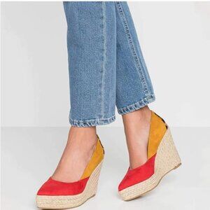 Colorblock Espadrille Wedge Heels in Red and Mustard
